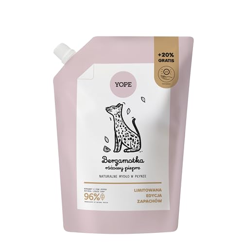 Yope Ricarica Sapone Liquido Mani Idratante con Allantoina, 98% Ingredienti di Origine Naturale, Vegano, Pelle Secca e Sensibile, Uso Quotidiano Bagno e Cucina, Profumo Bergamotto & Pepe Rosa, 600 ml