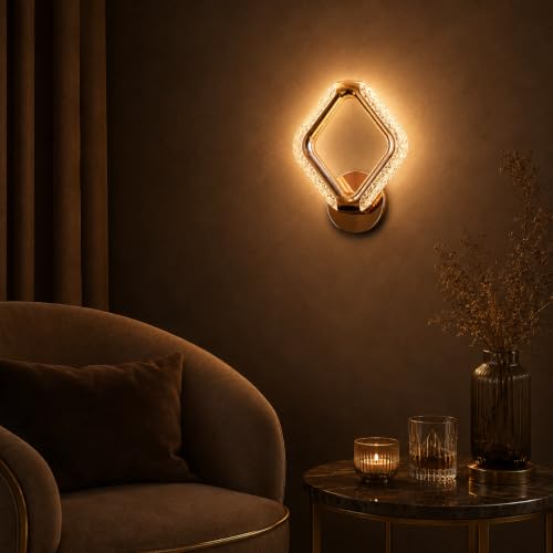 Image of fizzytech Crystal LED Wall Light, Modern Gold Finish Decorative Wall Lamp with 3 Colour Changing Modes for Living Room, Bedroom, Hallway & Home Decor (Diamond, Pack of 1)