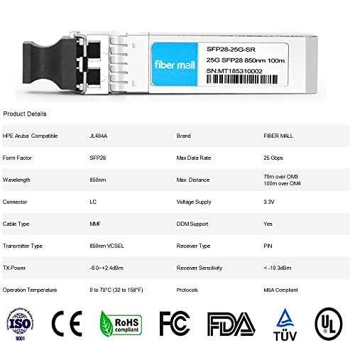 Image of 25G SFP28 SR for HPE Aruba JL484A 25GBASE-SR SFP28 850nm 100m DOM LC MMF Optical Transceiver Module