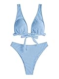 ZAFUL Womens Back Tie Bikini Set V Neck High Waisted Crinkle Longline Plunge Bikini Two Piece Bathing Suits (Light Blue, S)