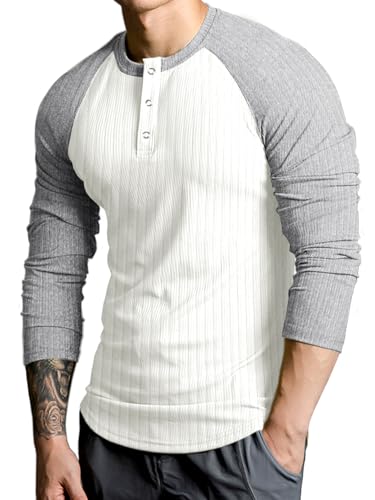 Lehmanlin Mens Thermal Shirt Long Sleeve Muscle Henley Slim Fit Cotton T-Shirt Fashion Casual Ribbed Top (White & Grey/M)