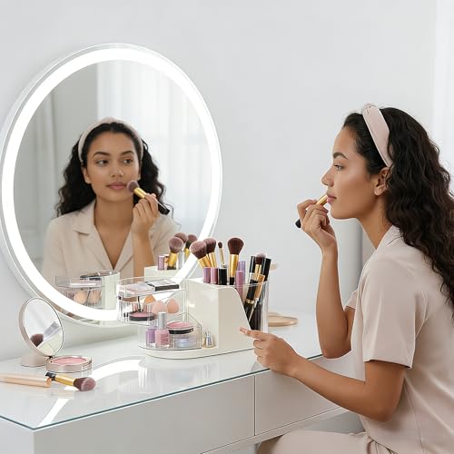 Makeup Organiser With 360° Rotating Makeup Brush Holder, White Cosmetic Display Case And 2 Drawers, Detachable Skincare Organiser, Large Capacity Cosmetics Storage Box For Dresser, Bedroom, Bathroom - 3