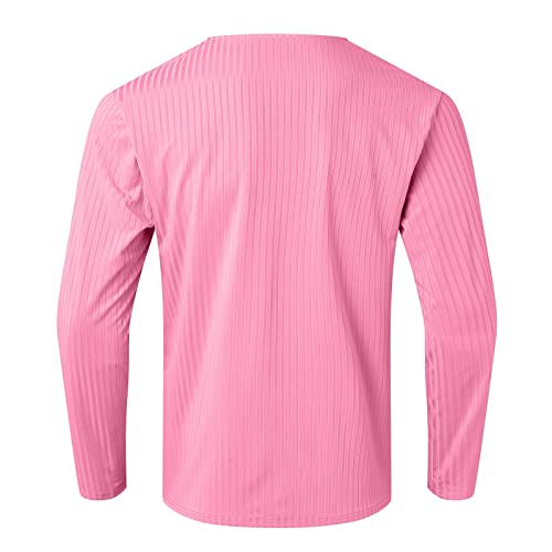 Bmisegm Slim Fit T Shirts For Men Male Spring And Summer Round Neck Tops With Solid Color Long Sleeve Casual Elastic Slim Pink #TOP4