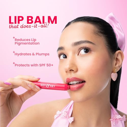 Image of Dot & Key Meltie Lip Balm SPF 50+++ In-Vivo Tested With 2% Kojic & Vitamin C | Hydrates Dry, Chapped Lips, Lightens Pigmentation, Brightens Lips | With Shea & Mango Butters, Peptide Infused | Strawberry Glaze | 4g