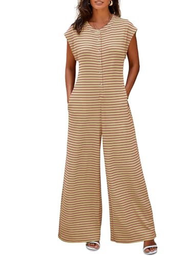 Cicy Bell Jumpsuit Damen Sommer Gestreift Kurzarm Overall Weites Bein Elegant Romper mit Knöpfen und Taschen Bequem für Strand und Alltag