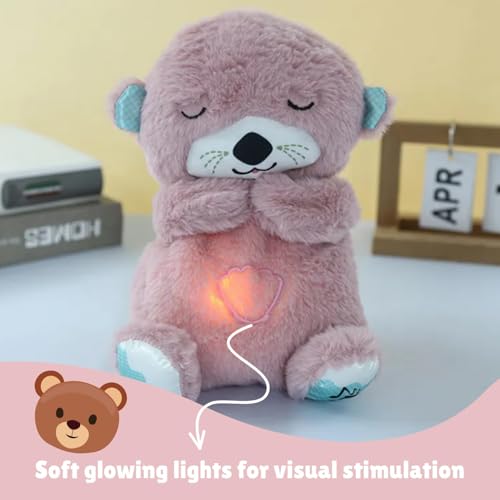 Image of Niku Breathing Teddy Bear Otter Soft Toys for Kids Baby Girls Wine Colour | Glowing Music for Baby Sensory Sleep | Lights Rhythmic Simulation Plush with Soothing Sound | Best Birthday Gift