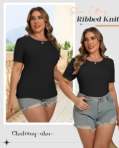 Chulianyouhuo Women's Plus Size Tops Crew Neck Ribbed T Shirt Slim Fitted Basic Short Sleeve 2025 Trendy Blouses Tees 5