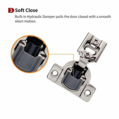 Image of 2 Pcs 1 /2 inch Overlay Soft Close Cabinet Hinges 105 3 Way Adjustable | 2D Structure,Cold Rolled Alloy Steel,face frame cabinets,anti-rust coating,damped closure,7.6kg /pair,50k cycles,14-26mm doors