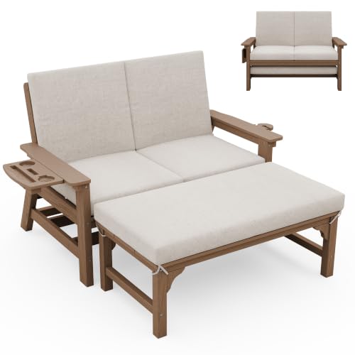 Image of SERWALL 2-in-1 Convertible Sofa Daybed with Cushions & Ottoman Table Set | HDPE 4-Position Reclining Outdoor Patio Lounge Chair, 4-in-1 Cup Holder Daybed Sofa Furniture, Brown Frame with Khaki Cushion