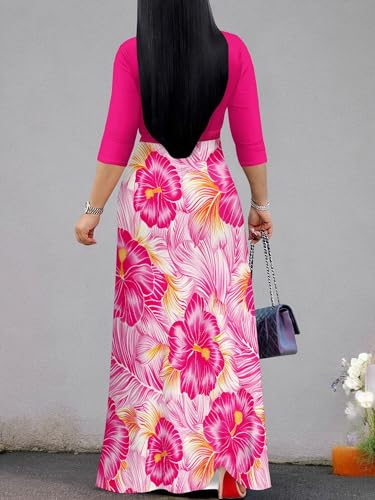 Image of Women's V Neck Floral Maxi Dress 3 /4 Sleeve Plus Size Boho Wrap Flowy Long Dresses with Belt