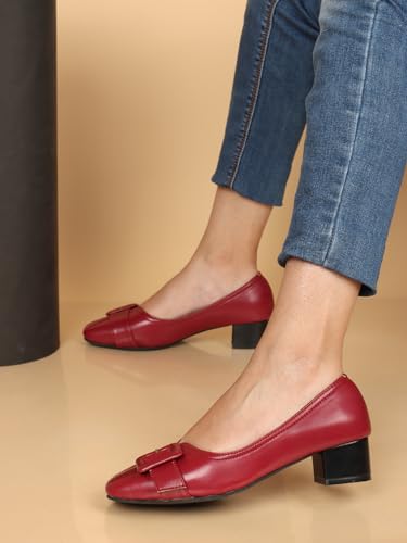 Image of ELLE Women's Square Toe Block Heels Slip-On Pumps with Buckle Detail