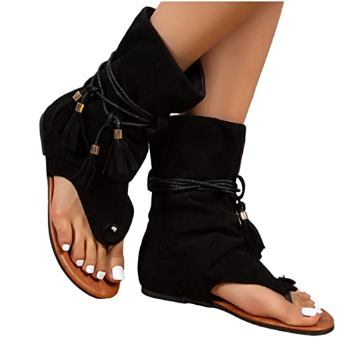 Retro Flat Tassel Gladiator Sandals for Women Bohemian Clip-Toe Flocking Fringe Sandals Casual Summer T-Strap Sandals