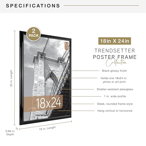 MCS Trendsetter 18x24 Poster Frame Black High-Gloss, Vertical & Horizontal Wall Hanging Large Picture Frame for Photos, Posters & Art Prints (2-Pack)