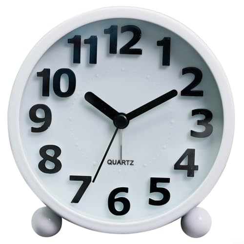 SMZhomeone Reloj despertador de metal vintage con números elevados y luz nocturna, reloj de escritorio retro de cuarzo para niños, estudiantes, decoración de dormitorio, color negro (blanco)