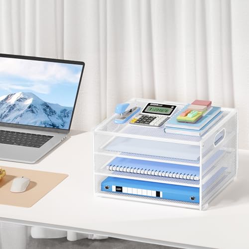 Marbrasse Organizador de Escritorio,4 Niveles Cestas de Correo, Portarevistas,Soporte de Almacenamiento para Papel,Organizador de Bandejas de Archivación,Oficina,Casa (Blanco) - imagen 6