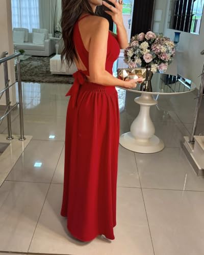 Image of CHICME Women's Sleeveless Halter Neck Dress Criss Cross Tie Back Split High Maxi Dress
