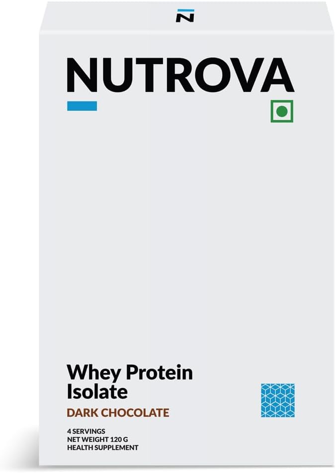 Nutrova Whey Protein Isolate Dark Chocolate 120g | 24g Protein per Serving | 5.5g BCAAs | Low Lactose, Easy to Digest | Supports Muscle Recovery | 4 Sachets.