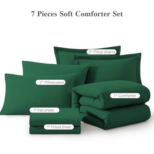 Image of King Size Comforter Set- 7 Pieces Prewashed Bed in a Bag King Bedding Sets | Soft All Season Comforter with Sheets, Pillow Shams & Pillowcases,Emerald Green