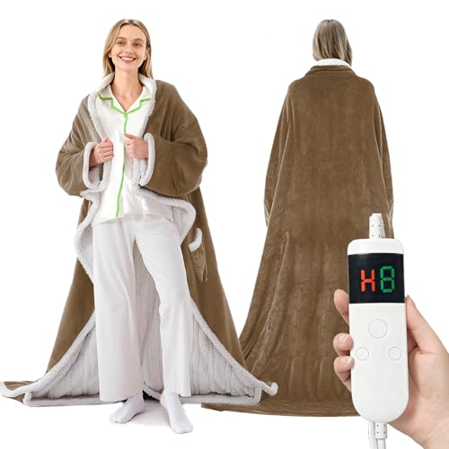 Image of Wearable Heated Blanket With Sleeves & Foot Pocket, Heated Throw Blankets Fast Heating Blanket With 10 Heat Settings Auto Shut Off Over-Heat Protection-Warm Gift, Machine Washable, 52 inch*72 inch+18 inch