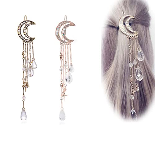 Bartosi Moon Rhinestone Hairpin Hair Accessories Hair Clips Hair Barrettes Tassel Hair Clip With Crystal Beads Charms Hair Chain Jewelry (2 Pack) #TOP14