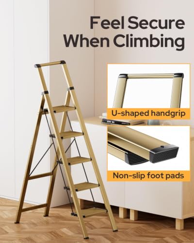 Image of 5 Step Ladder for 10 Feet High Ceiling, Lightweight Aluminum Folding Step Stool with Convenient Handgrip, Stepladders with Anti-Slip and Wide Pedal for Home Use Space Saving - Gold