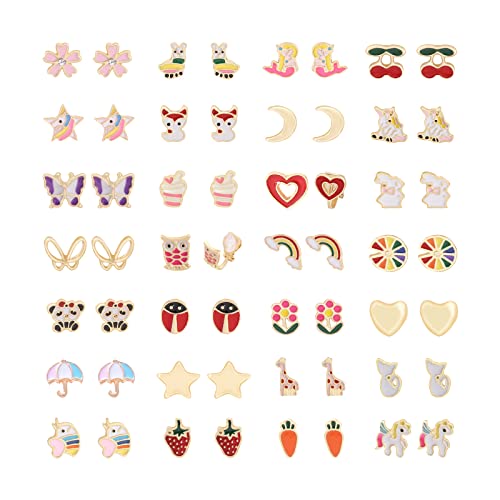 28 Pairs Clip On Earrings Non Piercing Earrings Hypoallergenic Animal Butterfly Rainbow Flower Mixed Color Painless Non-Piercing Earrings Pack