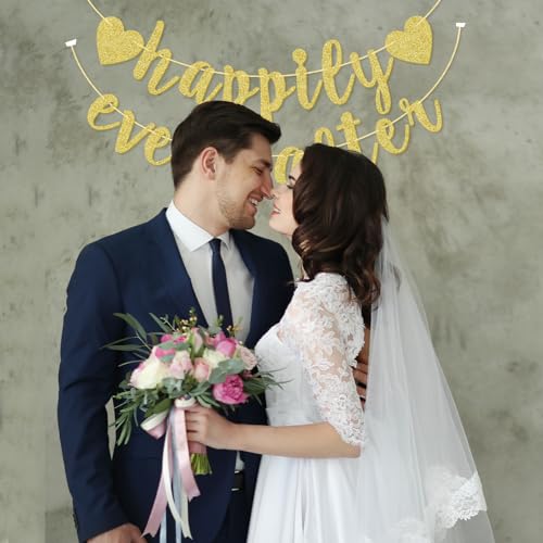 Image of Happily Ever After Banner, Glod Glitter Engagement Decoration for Bridal Shower, Wedding Party Photo Booth Props Signs, Pre-Strung Cursive Bunting (Gold)