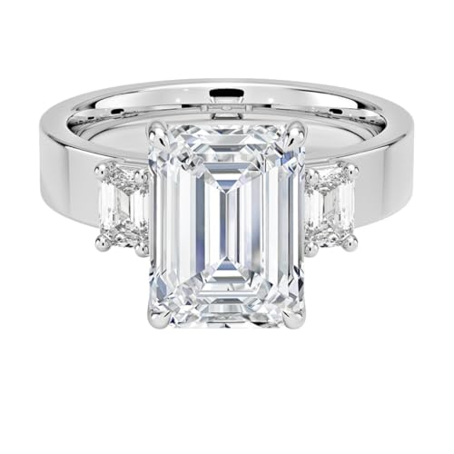 3 CT Emerald Cut Lab Grown Diamond Emerald Three Stone Engagement Ring