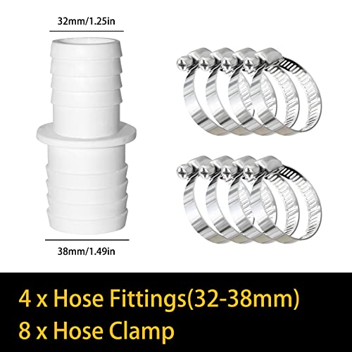 4pcs Schlauchverbinder 32mm auf 38mm Ø Set mit 8 Schlauchschellen-Poolschlauch Adapter-Schlauchadapter-Doppelschlauchtülle(Weiß)