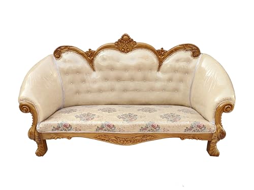 Image of Wooden 5 Seater Sofa Set | 3+1+1 Solid Wood Hand-Carved White Sofa | Traditional Design Furniture for Living Room | Home | Office Seating