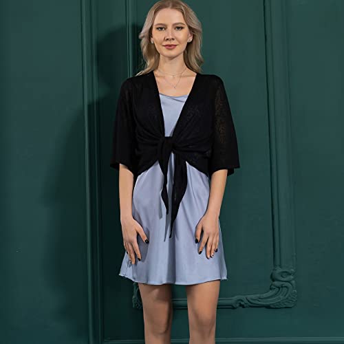 Dongfeng Women's 3/4 Sleeve Cropped Shrugs Lightweight Tie Front Sheer Chiffon Bolero Cardigan (Black,L) #TOP6