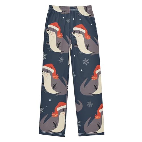 ZZXXB Otter with Xmas Hat Boys Long Pants Soft Trousers Elastic Waist Kids Lounge Bottoms with Pockets S-XL