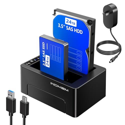 SAS to USB 3.0 Hard Drive Docking Station SAS Dual Bay Hard Drive Duplicator for 2.5/3.5 SSD HDD with Offline Cloner Function Plug and Play Support up to 48TB 12V 4A Power Adapter