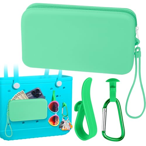 Image of Mity rain Silicone Wallet for Bogg Bag Phone Holder | Accessories Set for Bogg Bag Contain 2PCS Key Holder and Large Capacity Silicone Zipper Bag for Beach Bags Tote Bag (Green)
