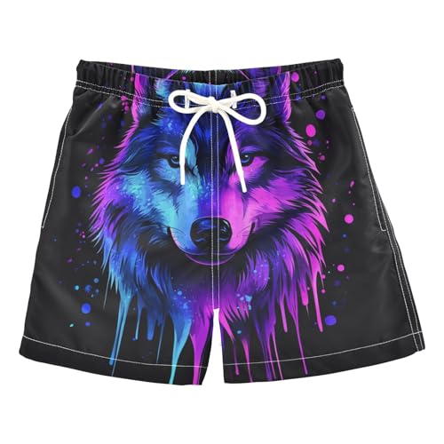 DOMIKING Purple Wolf Toddler Boys' Swim Trunks Mesh Lining Swim Shorts for Swimming Hiking Adjustable Waist 2T