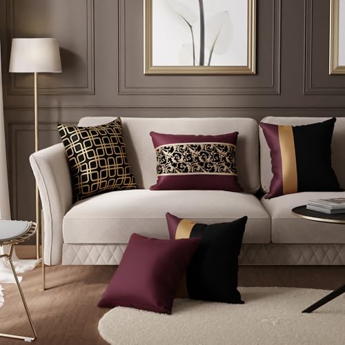 Image of Stoa Paris Cushion Covers for Home, Digital Printed Pillow Covers Set of 5, Throw Cushion Covers for Bed, Sofa, Home Decor - Eternal Glow, Velvet Wine, Midnight Black