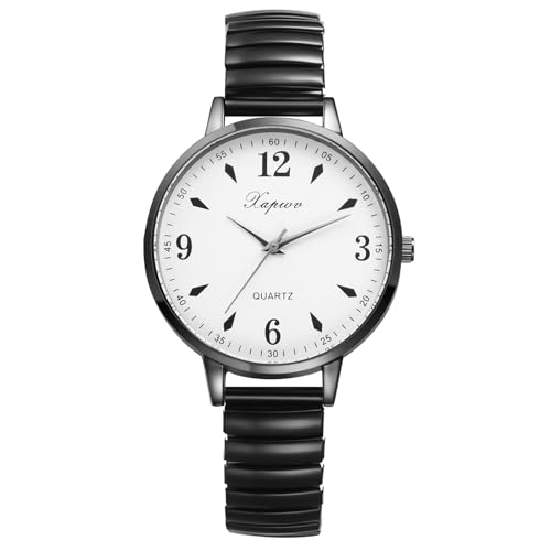 JewelryWe Relojes Correa Elástica Mujer: Reloj de Pulsera de Cuarzo Analógico Redondo para Señora Esfera Grande Correa de Acero Inoxidable Extensible Negro - para Ocio Negocios Regalos