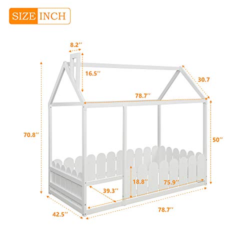 Gaowei Twin Bed,Premium Wood Bed House Bed Frame With Fence,Cabin Bed,Floor Bed,House Bed Twin Size Kids Bed Frame With Roof And Fence,For Kids/Teens (White) #TOP2