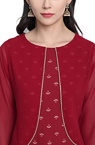 Image of Janasya Women's Maroon Jacket Style Poly Crepe Kurta