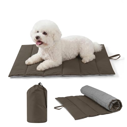 UNIKOME Cuccia Cane Grande per Interno e Esterno, Cuscino Cane Impermeabile, Facile da Lavare, Pieghevole, Resistente Materassino Cani/Gatto/Pet per Viaggi All'aperto (Marrone+Grigio, 76x48cm)