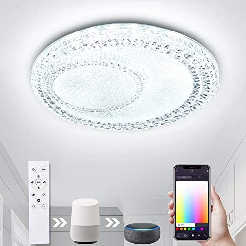 OTREN Plafonnier Led RGB, 2600LM Luminaire Plafonnier WiFi Compatible avec Alexa et Google Home, Télécommande et Contrôle des APP, Plafond pour Chambre Salon Cuisine, 24W, 26CM Cover
