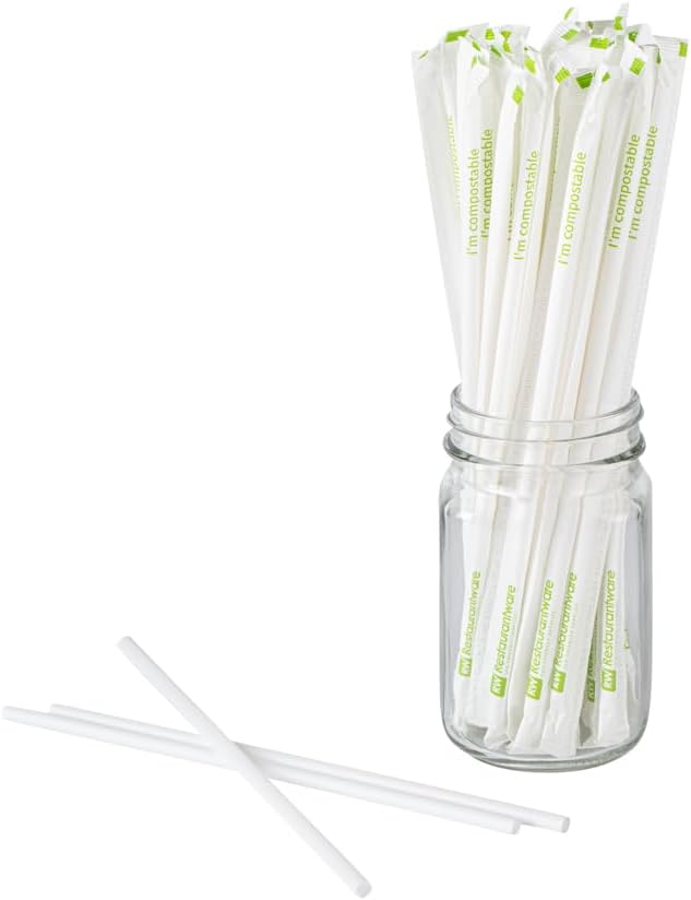 Restaurantware Drinking Straws 2000 Pack of 8.25 Inches Wrapped PLA Disposable Straws White Durable Sustainable For Hot and Cold Drinks