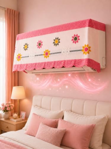 Image of Premium Cotton Net Split AC Cover for 1.5 Ton Indoor Unit | Designer Summer AC Dust Protection Cover | Stylish Protective AC Cover | 38 x 15.35 x 7.8 In | Pink Flower