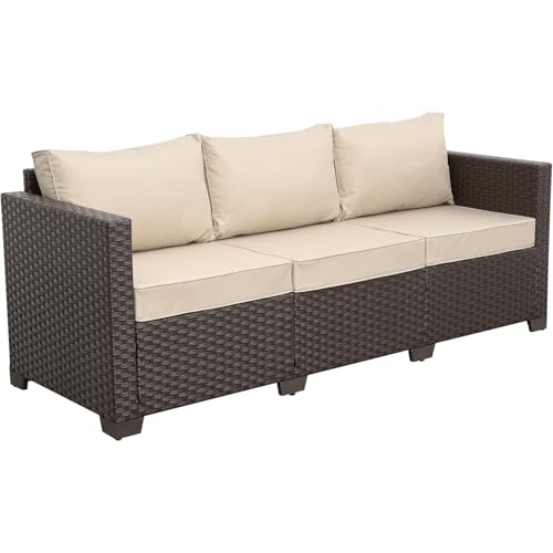 Rattaner Patio Furniture 3-seat Sofa Wicker Outdoor Furniture Outdoor Couch Deep Seat Hight Backrest Waterproof Cover Anti-Slip Cushions, Khaki
