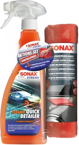 SONAX Xtreme Ceramic QuickDetailer + MicrofaserTücher Außen AktionsSet (750 ml) mit einem Doppelpack hochwertiger MicrofaserTücher | Art-Nr. 02687410
