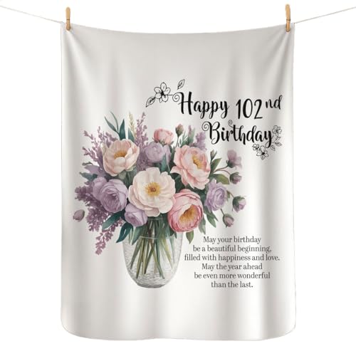 DesiDD Happy 102nd Birthday Blanket for Women - 102 Year Old Gifts for Her - 50x60 Inch Sherpa Fleece Throw Blanket - Floral Vase with Quote - Birthday Present for Grandma Nana Mother