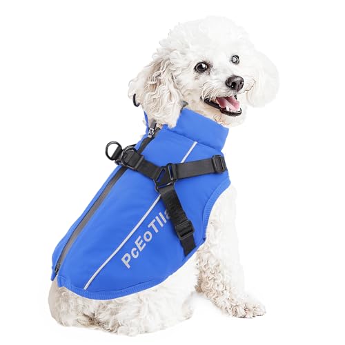 PcEoTllar Hundejacken Wasserdicht für Winter, Reflektierend Hundemantel mit Geschirr für Kleine Hunde, Welpe Warme Jacke Hundepullover, Hundejacke Winddichtes für Kaltes Wetter, Blau-M