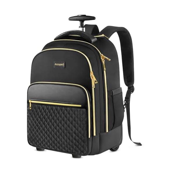 Rolling Backpack for Women, 17 inch Travel Laptop Wheeled Backpack with Anti Theft Zippers for Adults, Large Water Resistant Carryon Luggage Roller Bag Flight Approved for Work College, Black