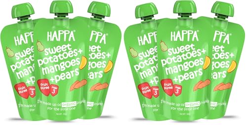 Image of Happa Organic Baby Food Sweet Potato Mango and Pear Puree | 100% Fruits and Vegetables | No Added Sugar, No Milk Powder, No Preservatives | Stage 3 (8 Months+) | Ready to Eat | Free from Common Allergens | Pack of 6 (100g Each)