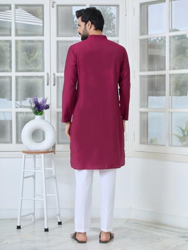 Image of See Designs Men's Full Sleeve Mandarin Collar Ethnic Motifs Embroidered Sequinned Mandarin Collar Straight Long Kurta with Pyjama - Festive Collection